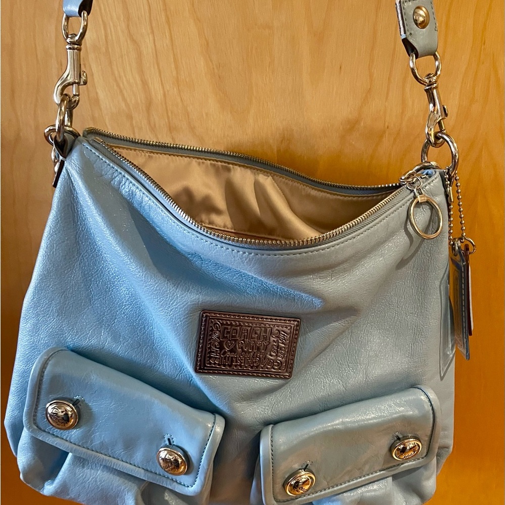 Coach Poppy Sky Blue Leather Shoulder Bag - Picture 6 of 14